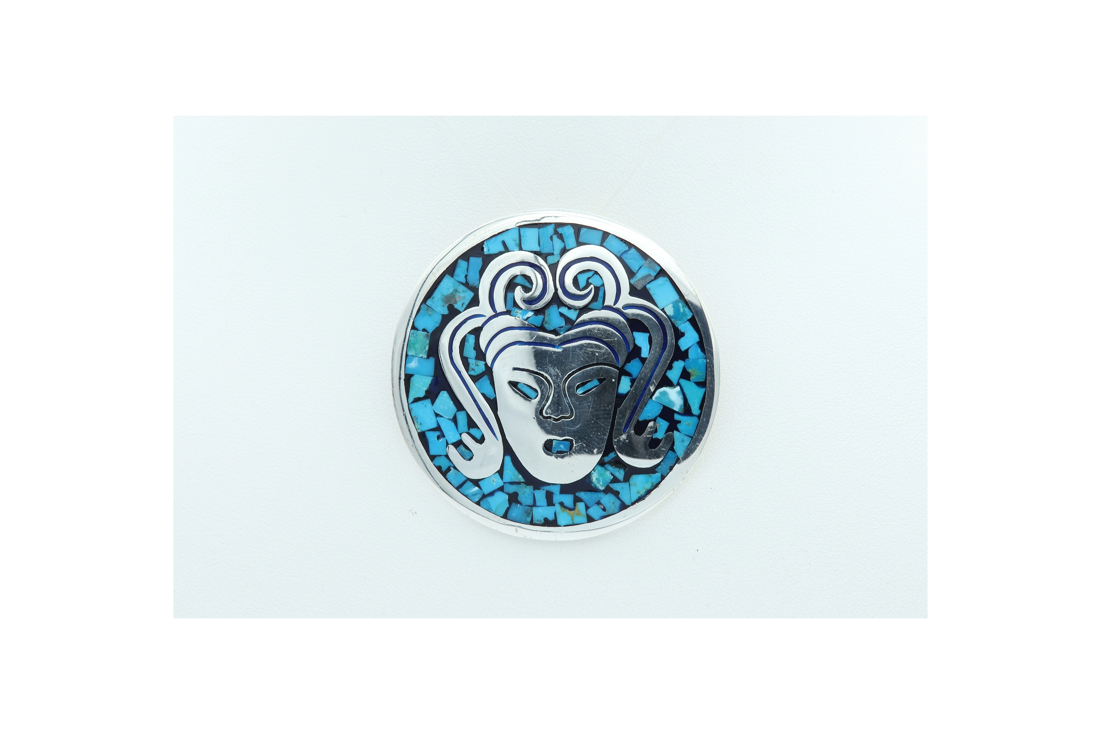 Pendentif/broche en argent 925 et mosaïque de turquoise (Mexique) - 1