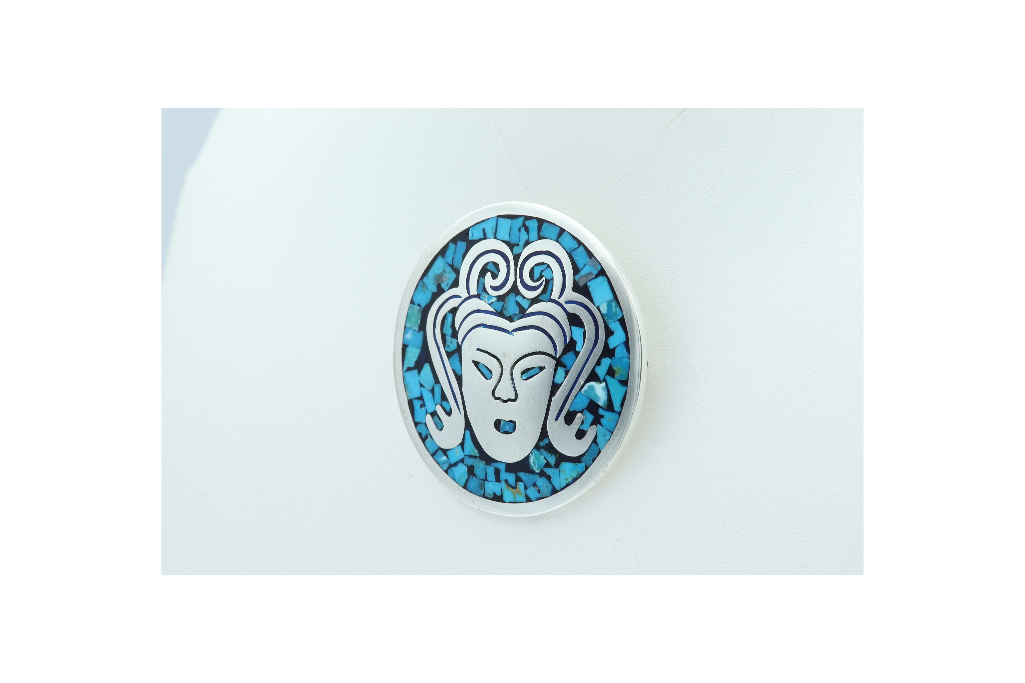 Pendentif/broche en argent 925 et mosaïque de turquoise (Mexique) - 2