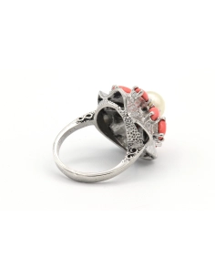 Bague Années 70 en argent, perle et corail - - 6
