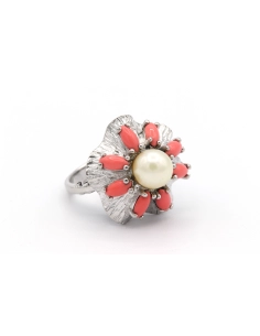 Bague Années 70 en argent, perle et corail - - 5