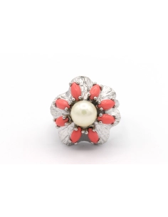 Bague Années 70 en argent, perle et corail - - 1