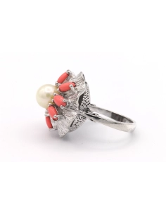 Bague Années 70 en argent, perle et corail - - 3