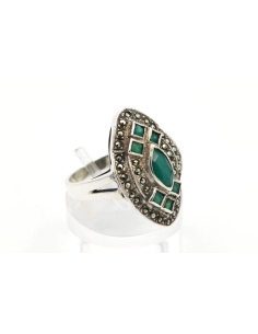 Bague contemporaine en argent 925 sertie de chrysoprase et de marcassite - - 6