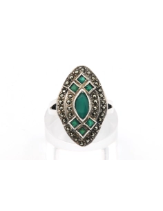 Bague contemporaine en argent 925 sertie de chrysoprase et de marcassite - - 1
