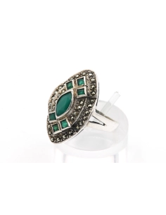 Bague contemporaine en argent 925 sertie de chrysoprase et de marcassite - - 2