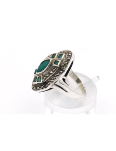 Bague contemporaine en argent 925 sertie de chrysoprase et de marcassite - - 3