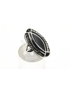 Bague contemporaine en argent 925 sertie de marcassite et d'onyx - 6