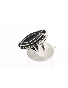 Bague contemporaine en argent 925 sertie de marcassite et d'onyx - 3