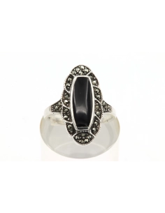 Bague contemporaine en argent 925 sertie d'onyx et de marcassites - 1
