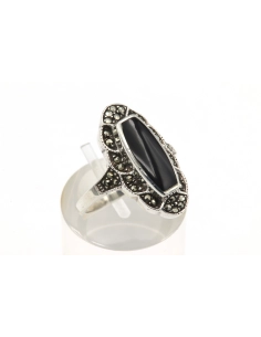Bague contemporaine en argent 925 sertie d'onyx et de marcassites - 6