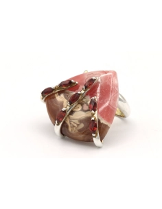 Bague contemporaine en argent sertie de rhodochrosite et de grenat - 1