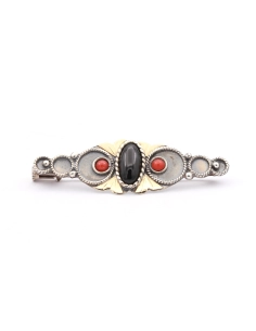 Broche Années 70 en argent et or sertie de corail et d'onyx - 1