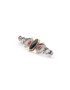 Broche Années 70 en argent et or sertie de corail et d'onyx - 3