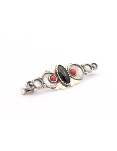 Broche Années 70 en argent et or sertie de corail et d'onyx - 2