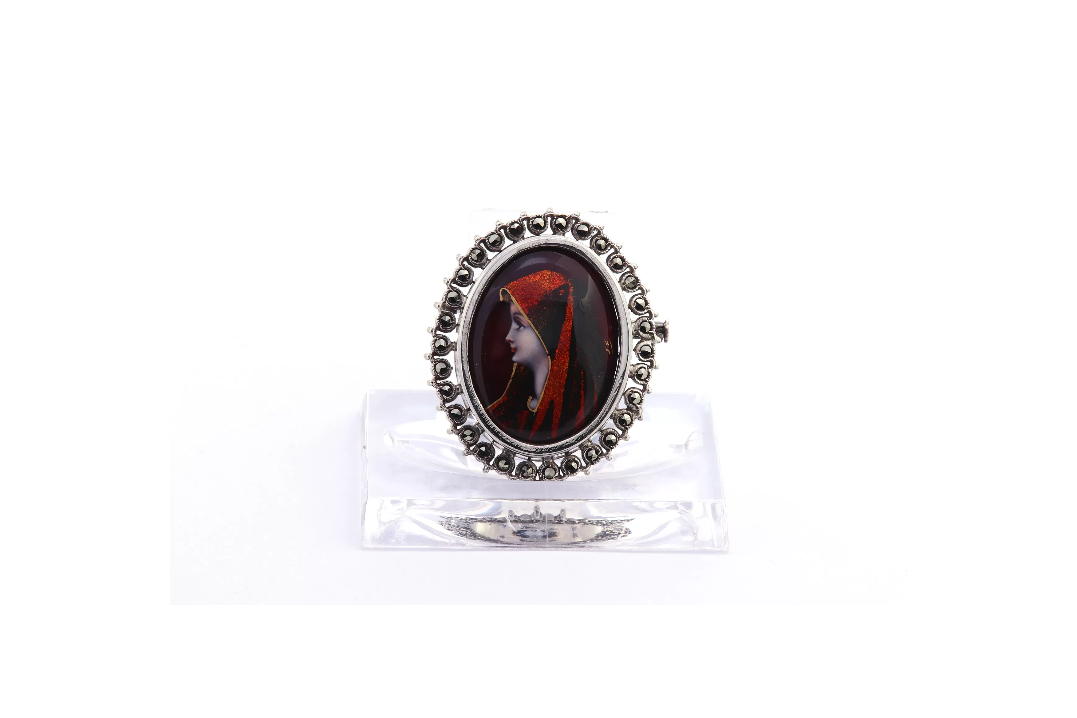 Broche Années 50 en argent sertie de marcassites et d'émail de Limoges - 1