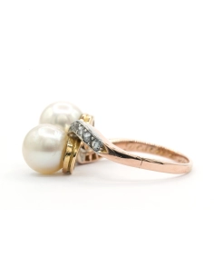 Bague Art Nouveau en or jaune et blanc 18 carats sertie de perles et de diamants "taille" rose - 3