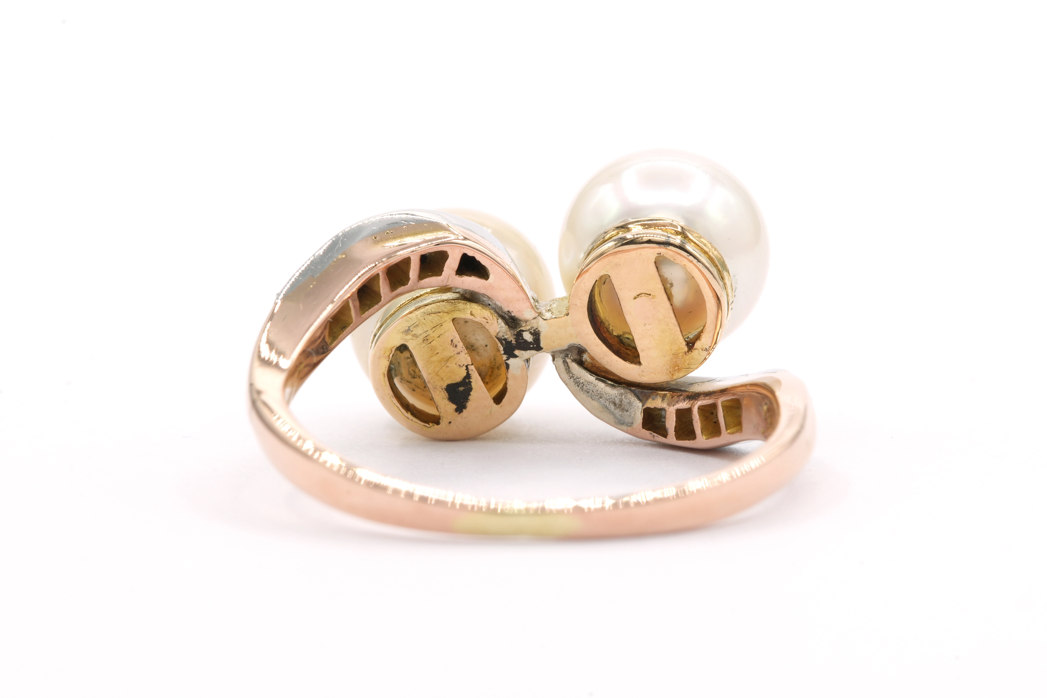 Bague Art Nouveau en or jaune et blanc 18 carats sertie de perles et de diamants "taille" rose - - 4