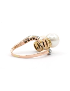 Bague Art Nouveau en or jaune et blanc 18 carats sertie de perles et de diamants "taille" rose - 5