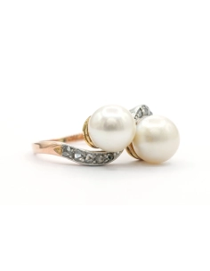 Bague Art Nouveau en or jaune et blanc 18 carats sertie de perles et de diamants "taille" rose - 6