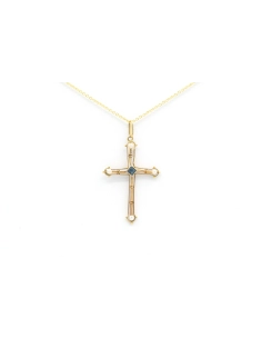 Pendentif "croix" Art Déco en or jaune 18 carats serti d'un saphir de synthèse et de perles - 1