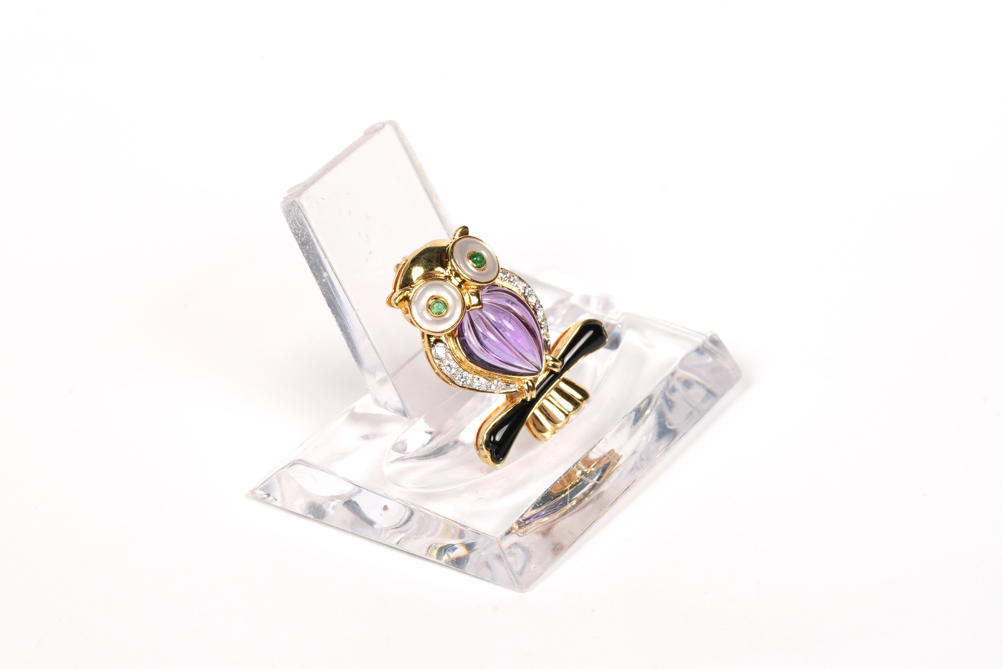 Broche "Hibou" Années 70 en or jaune 18 carats sertie de pierres multiples et de diamants "taille" brillant (+-0.104ct) - 5