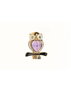 Broche "Hibou" Années 70 en or jaune 18 carats sertie de pierres multiples et de diamants "taille" brillant (+-0.104ct) - 1