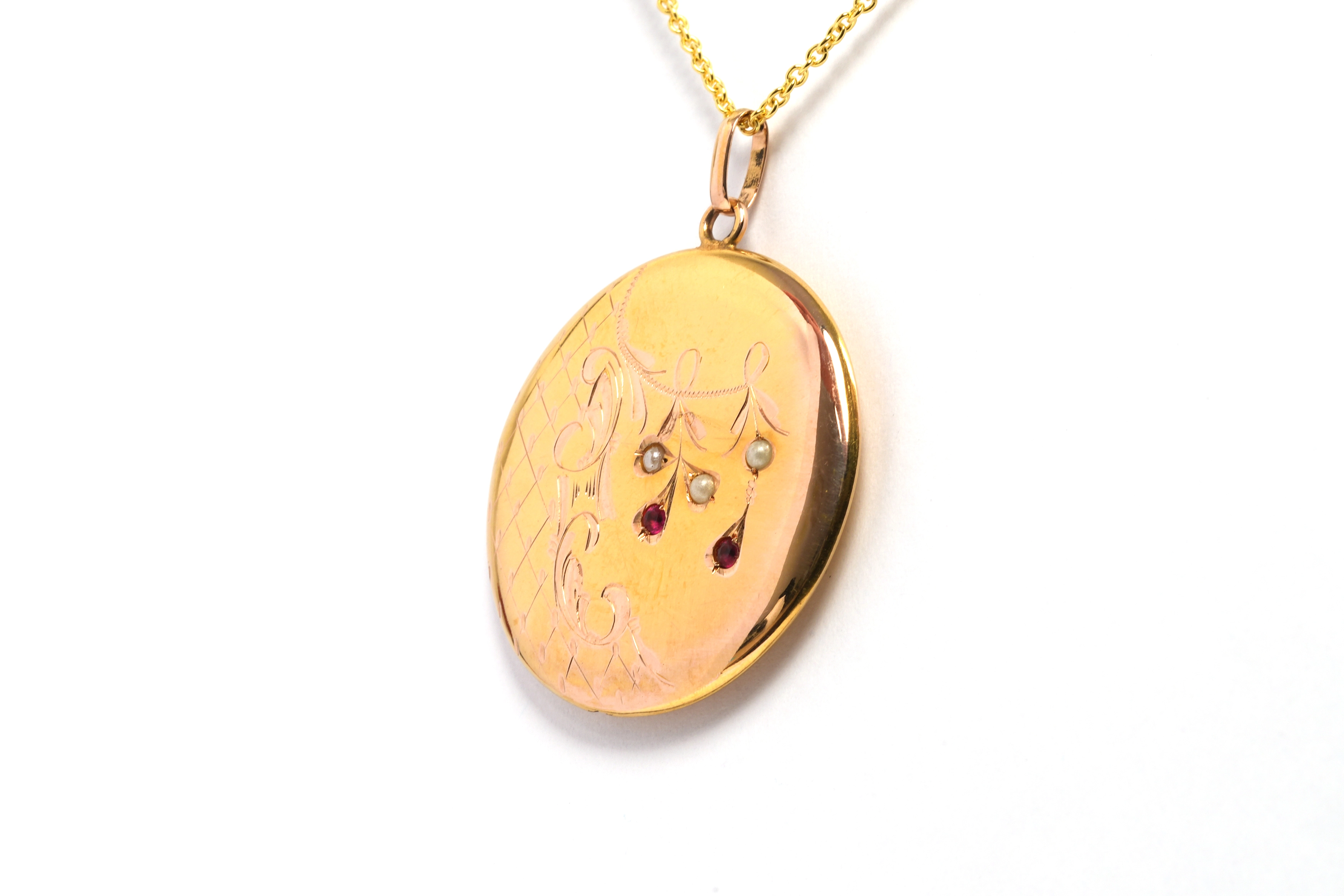 Pendentif Art Nouveau en or jaune 18 carats serti de perles et de rubis - 2