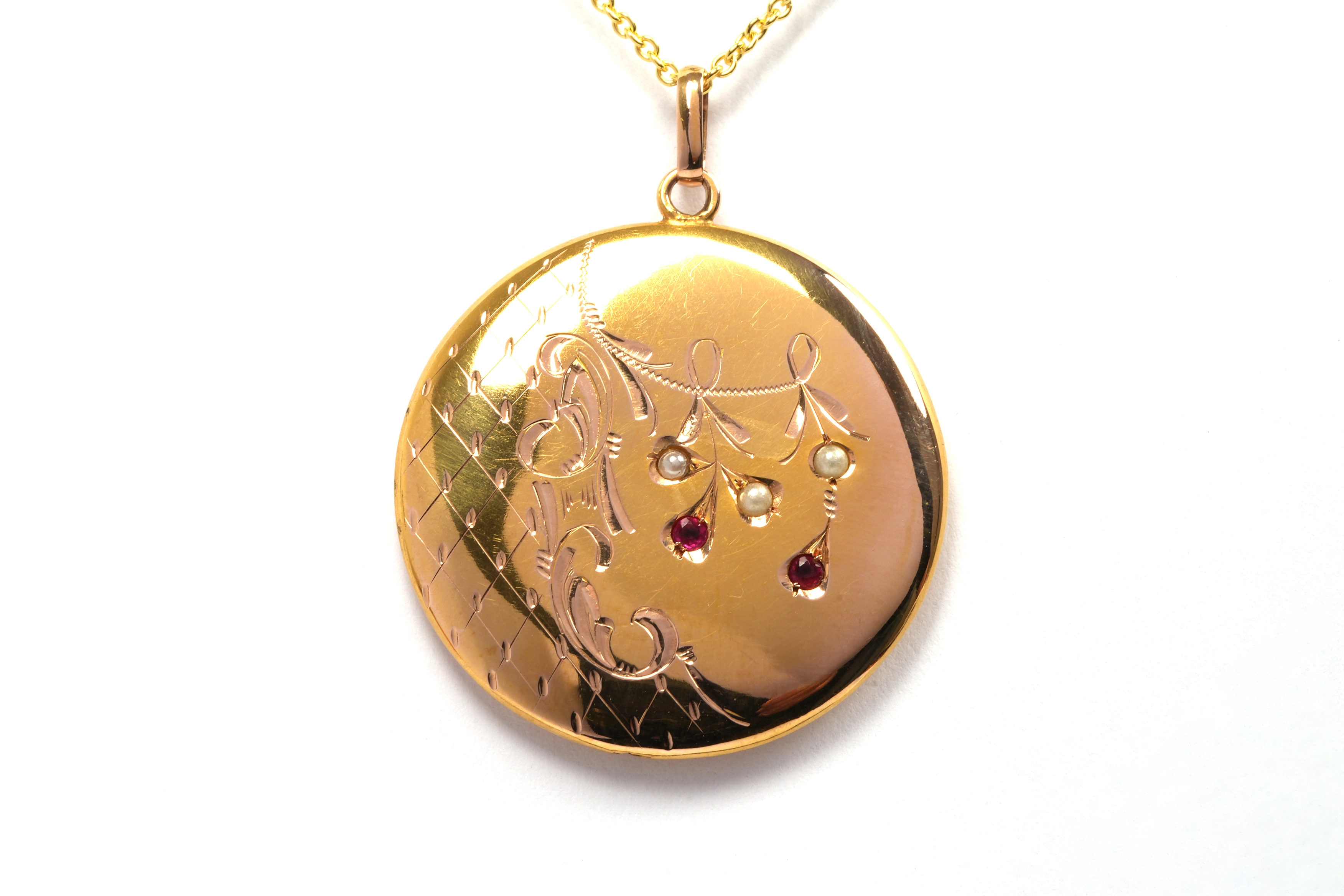 Pendentif Art Nouveau en or jaune 18 carats serti de perles et de rubis - 1