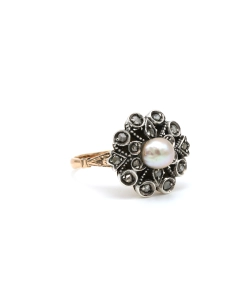 Bague Napoléon III en or jaune 18 carats et argent sertie d'une perle et de diamants "taille" rose - 6