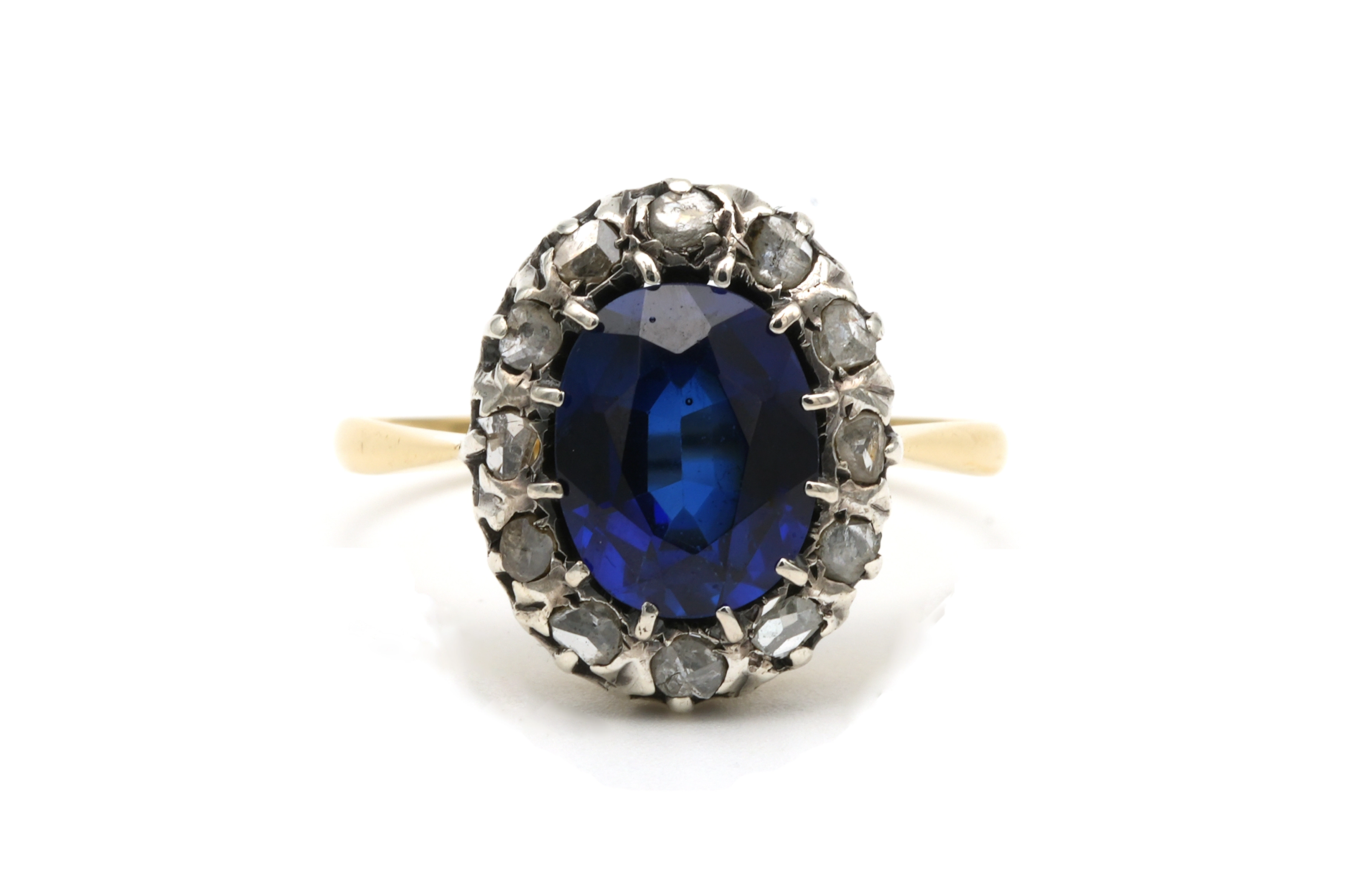Bague Art Déco en or jaune 18 carats et argent sertie d'un saphir de synthèse et de diamants "taille" rose - 1