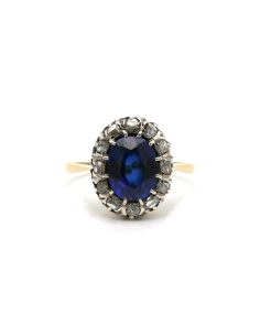 Bague Art Déco en or jaune 18 carats et argent sertie d'un saphir de synthèse et de diamants "taille" rose - 1