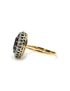 Bague Art Déco en or jaune 18 carats et argent sertie d'un saphir de synthèse et de diamants "taille" rose - 3