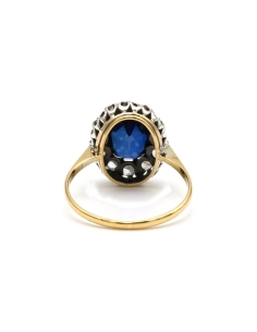 Bague Art Déco en or jaune 18 carats et argent sertie d'un saphir de synthèse et de diamants "taille" rose - 4