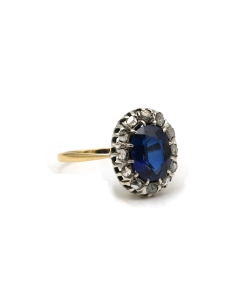 Bague Art Déco en or jaune 18 carats et argent sertie d'un saphir de synthèse et de diamants "taille" rose - 6