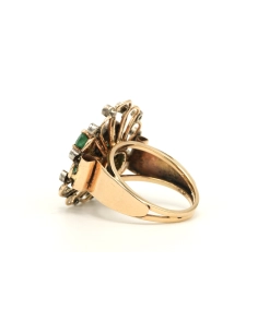 Bague Art Nouveau en or jaune 18 carats sertie d'émeraude et de diamants taille "rose" - 3