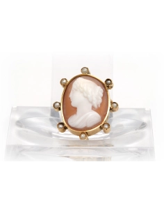 Broche Art Déco en or jaune 18 carats sertie d'un camée coquillage et de perles - - 1