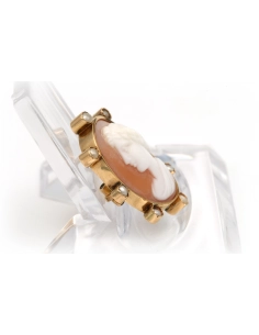 Broche Art Déco en or jaune 18 carats sertie d'un camée coquillage et de perles - - 4