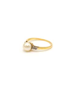 Bague Art Déco en or jaune 18 carats sertie d'une perle et de diamants - - 2
