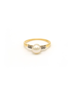 Bague Art Déco en or jaune 18 carats sertie d'une perle et de diamants - - 1