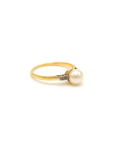 Bague Art Déco en or jaune 18 carats sertie d'une perle et de diamants - - 6