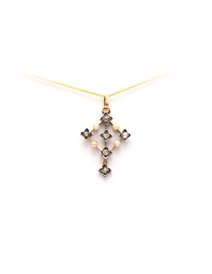 Pendentif Art Nouveau en or jaune et blanc 18 carats serti de perles et de diamants " taille rose" - 1