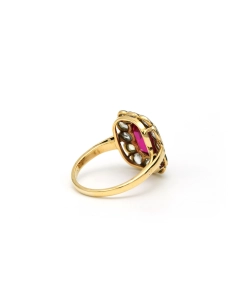 Bague Art Déco en or jaune 18 carats sertie d'un rubis de synthèse et de diamants "taille" rose - 5
