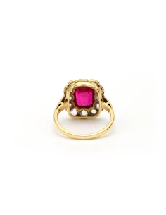 Bague Art Déco en or jaune 18 carats sertie d'un rubis de synthèse et de diamants "taille" rose - 4