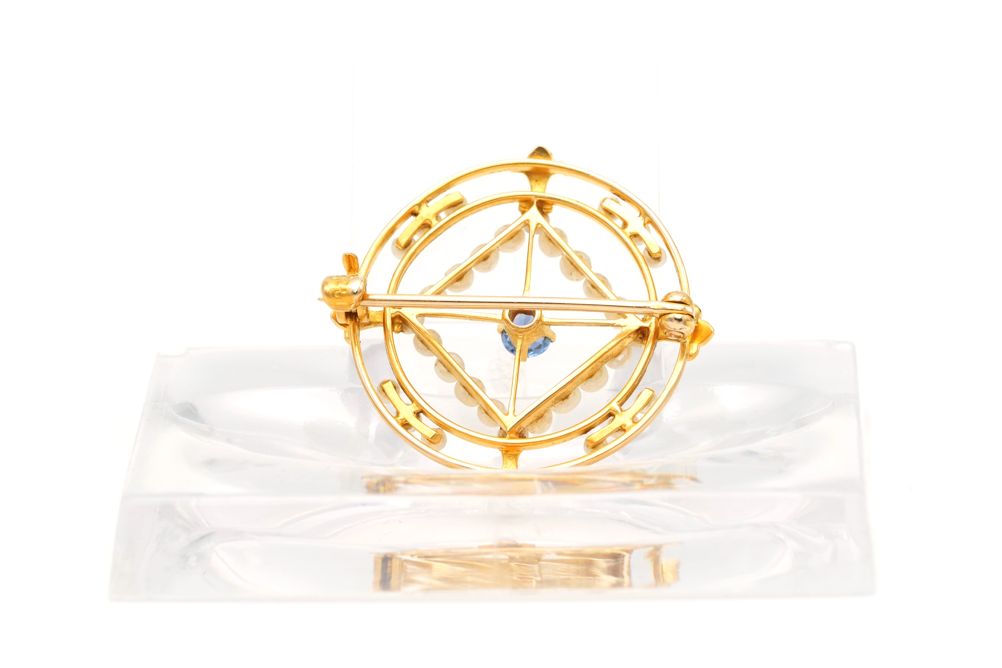 Broche Art Nouveau en or jaune 18 carats sertie d'un saphir et de perles - 8