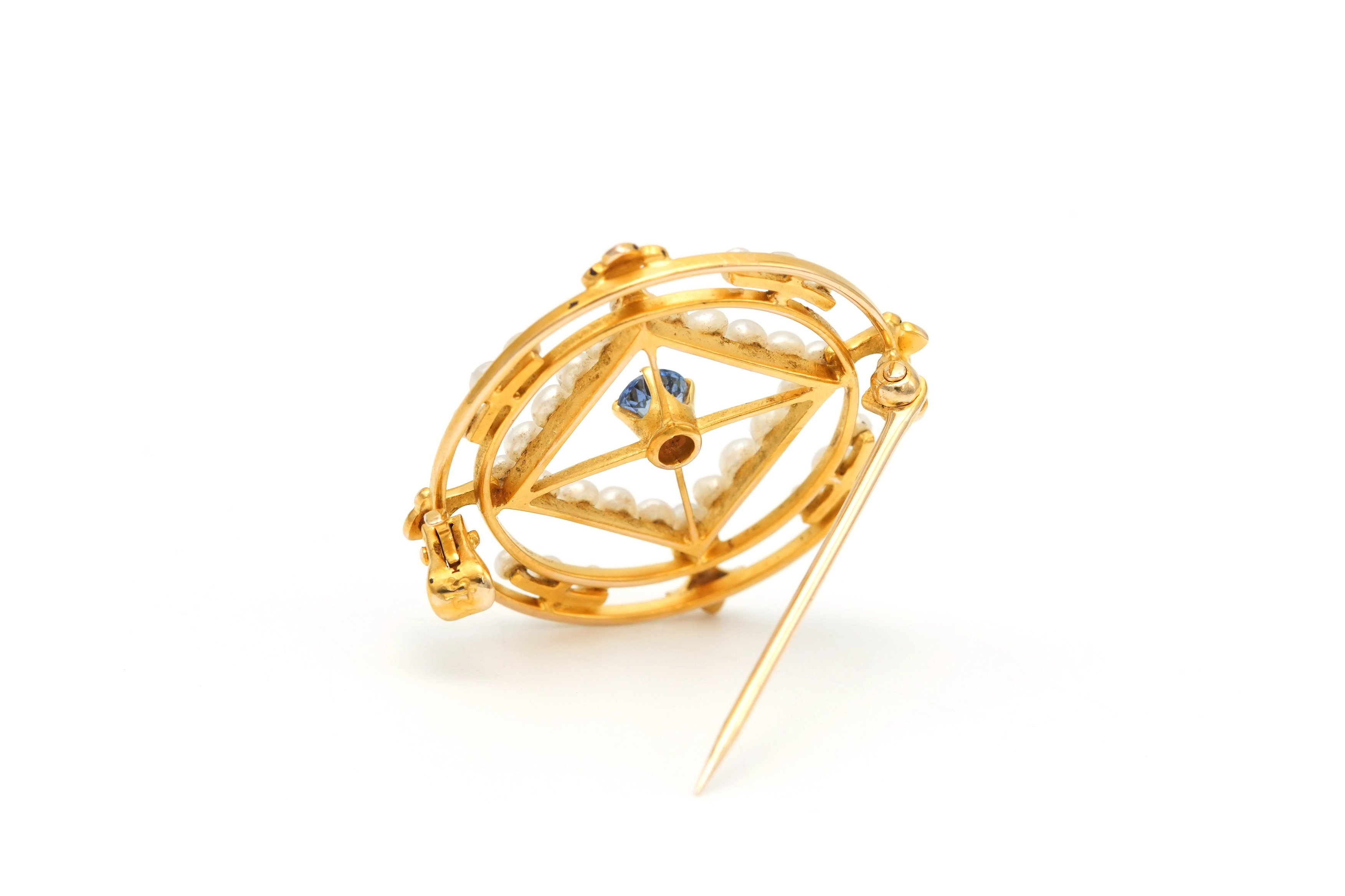 Broche Art Nouveau en or jaune 18 carats sertie d'un saphir et de perles - 2