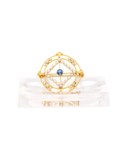 Broche Art Nouveau en or jaune 18 carats sertie d'un saphir et de perles - 3