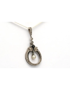 Pendentif Art Déco en or blanc 18 carats et onyx serti de diamants "taille" rose et d'une perle - 3