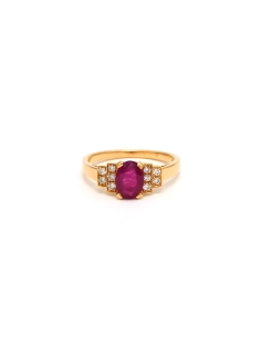 Bague contemporaine en or jaune 18 carats sertie d'un rubis et de diamants "taille" brillant (+-0.07ct) - 1