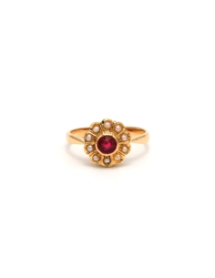 Bague Art Déco en or jaune 18 carats sertie de perles et d'un rubis de synthèse - 1