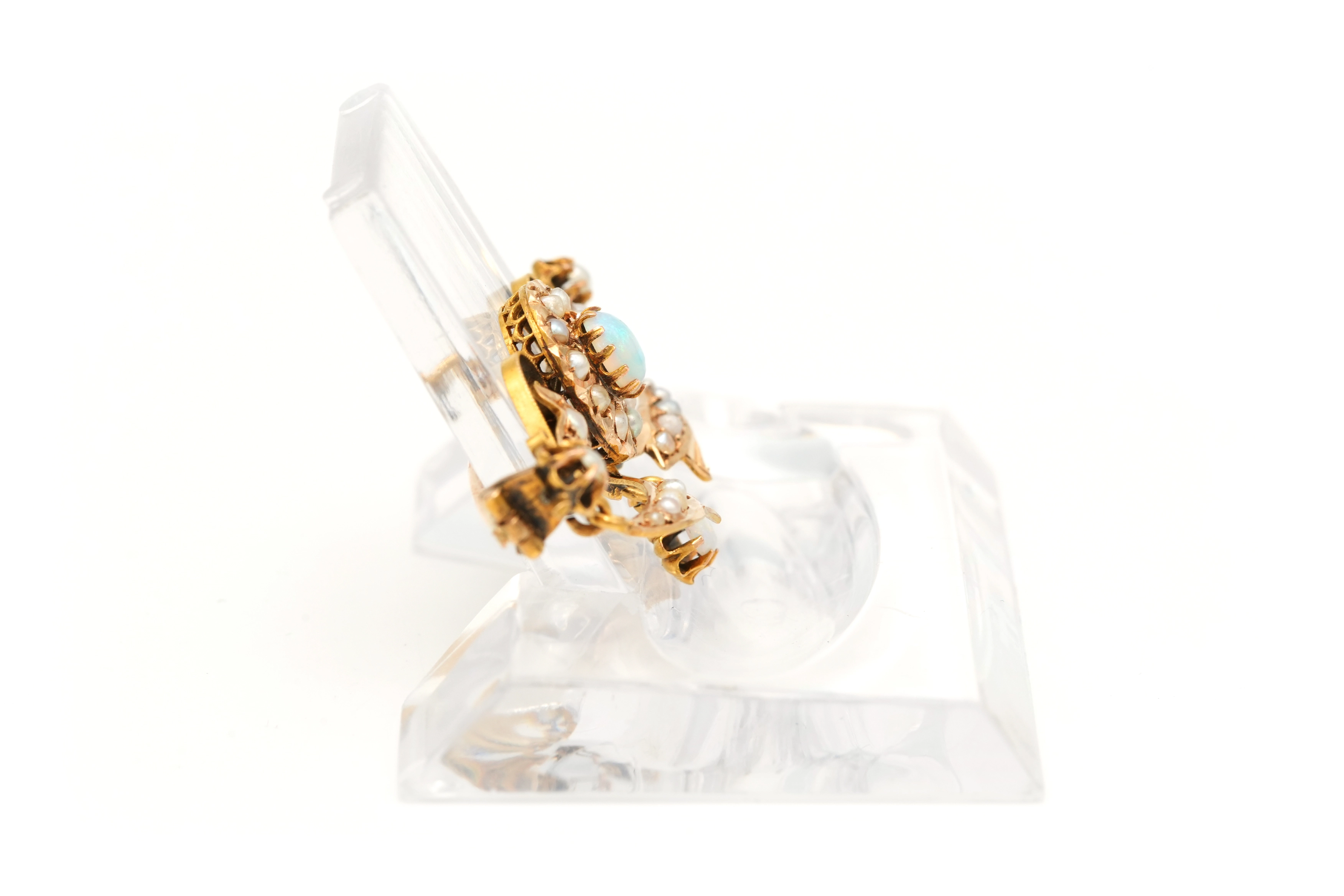 Broche Art Nouveau en or jaune 18 carats sertie d'opales et de perles - 6